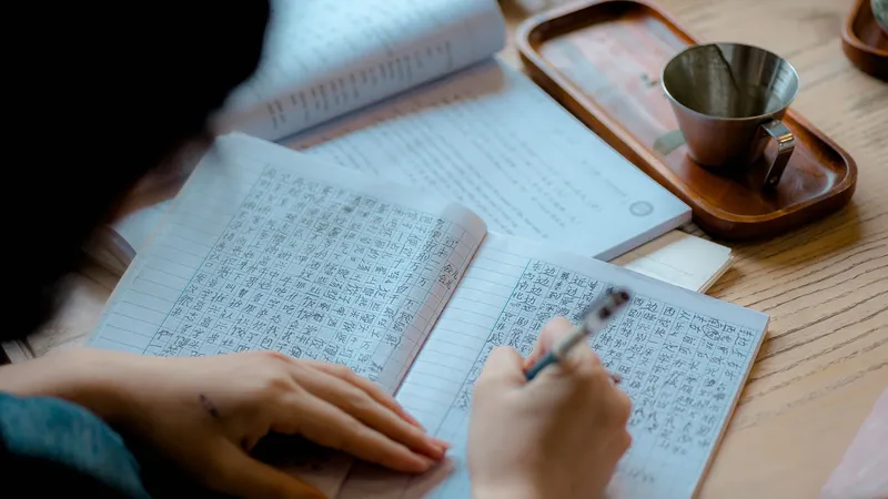 노트에 펜으로 받아쓰는 손