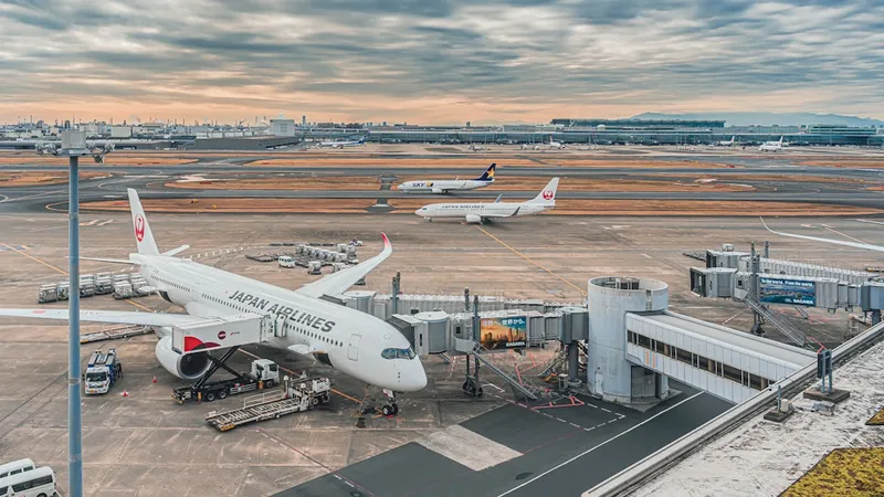 일본 공항 계류장에 선 여객기